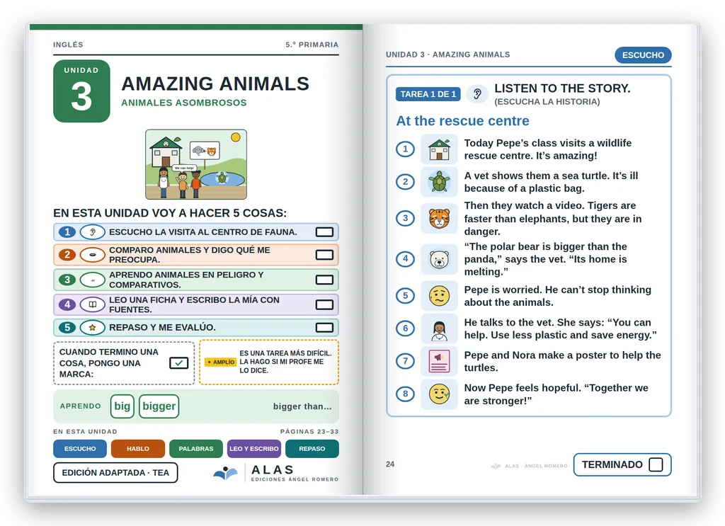 Inglés 5.º abierto. Unidad 3: portada con la agenda visual y primera página