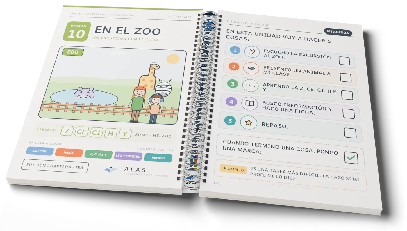 Libro de la Colección Alas abierto: portada de la unidad y agenda visual