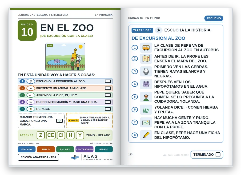 Lengua 1.º abierto. Unidad 10: portada con la agenda visual y primera página