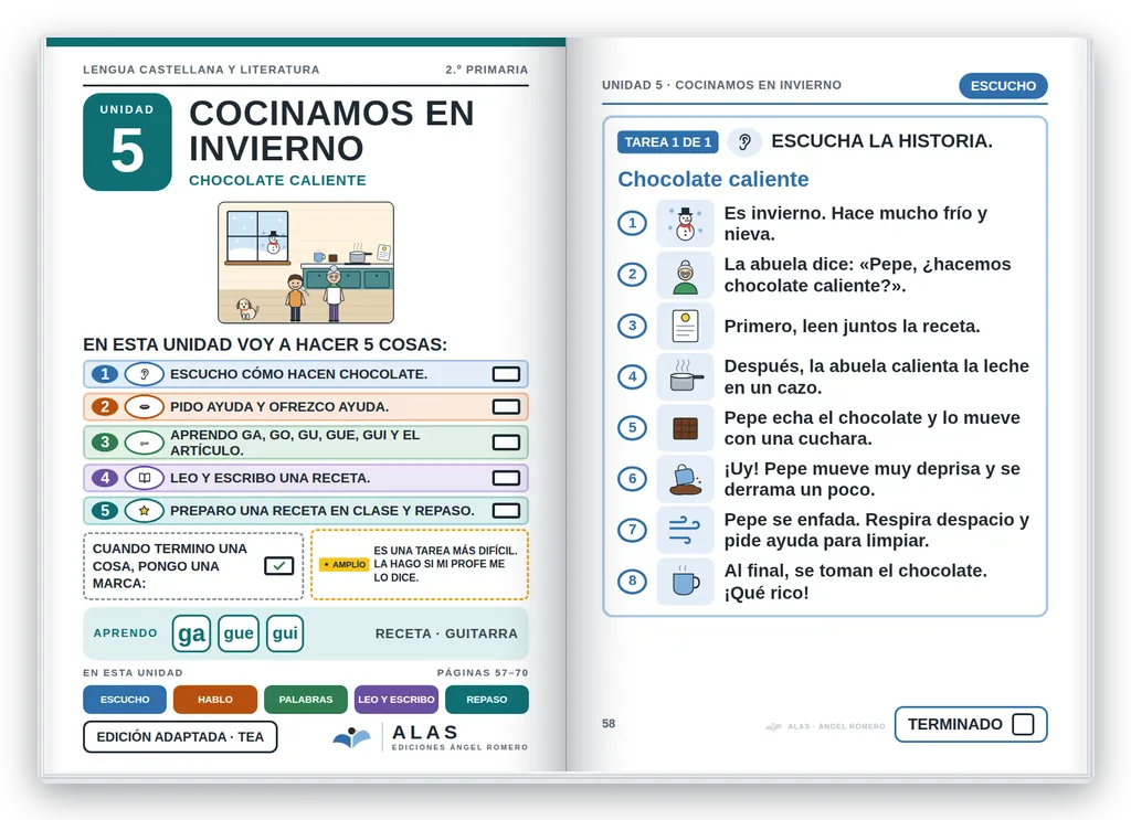 Lengua 2.º abierto. Unidad 5: portada con la agenda visual y primera página