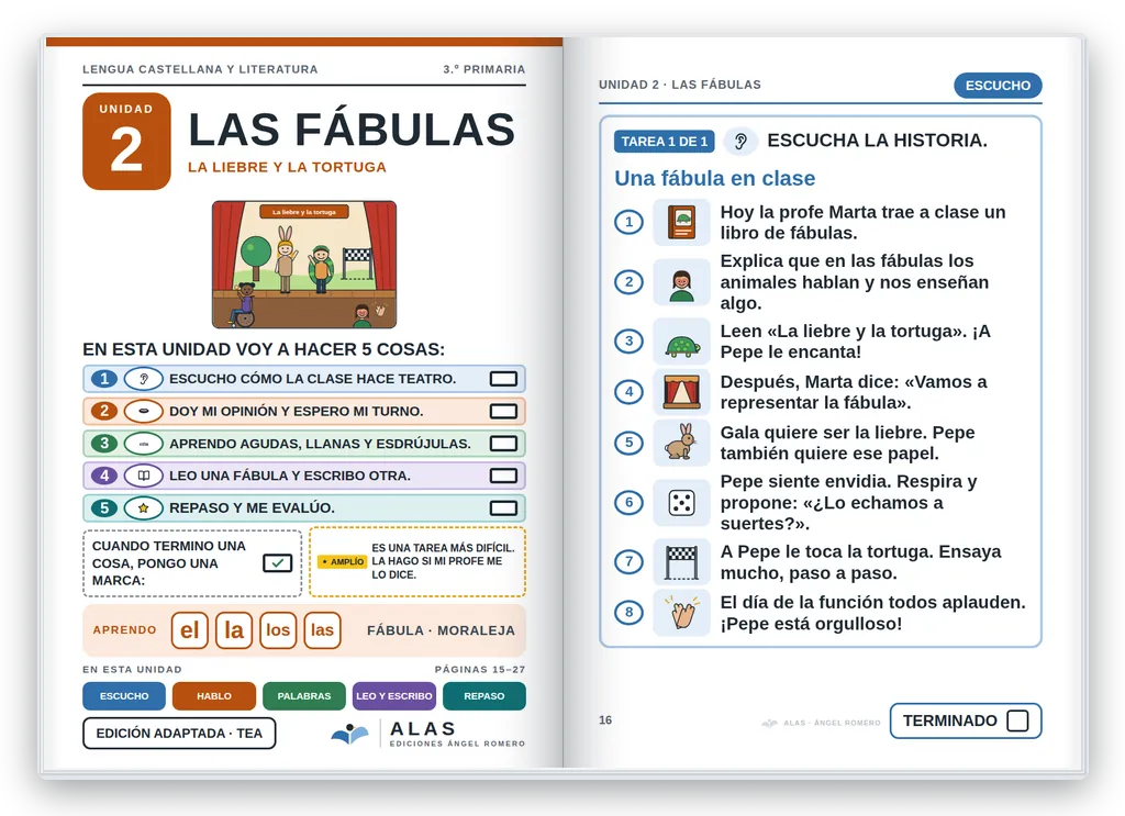 Lengua 3.º abierto. Unidad 2: portada con la agenda visual y primera página