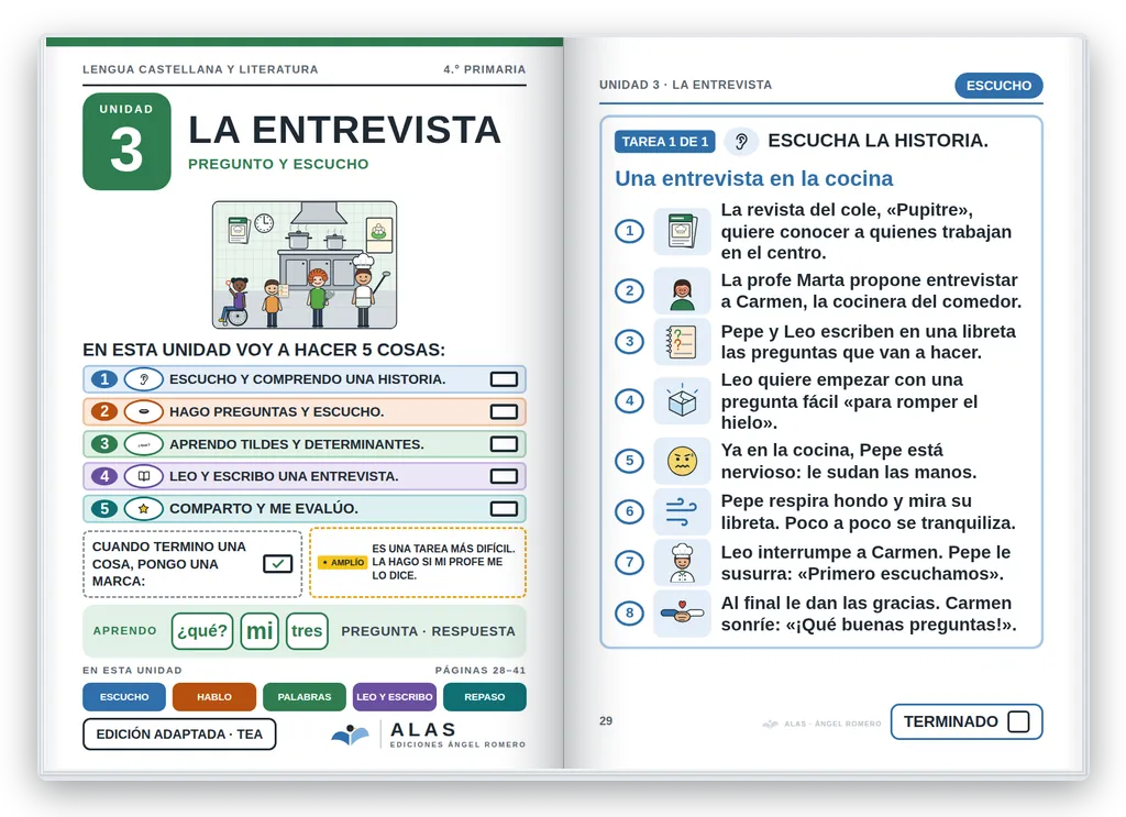 Lengua 4.º abierto. Unidad 3: portada con la agenda visual y primera página
