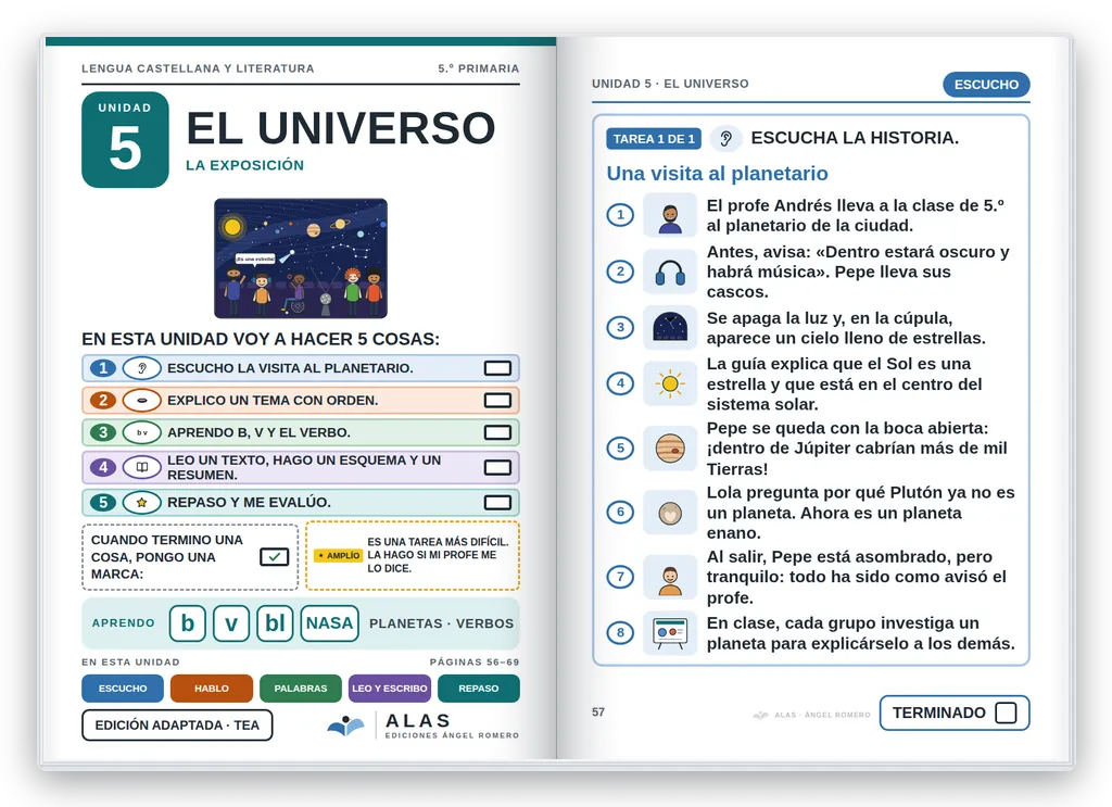 Lengua 5.º abierto. Unidad 5: portada con la agenda visual y primera página