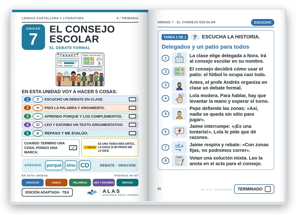 Lengua 6.º abierto. Unidad 7: portada con la agenda visual y primera página
