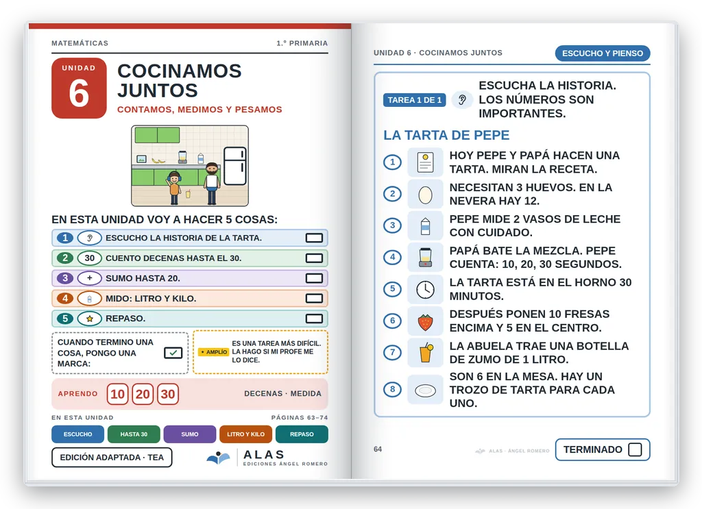 Matemáticas 1.º abierto. Unidad 6: portada con la agenda visual y primera página
