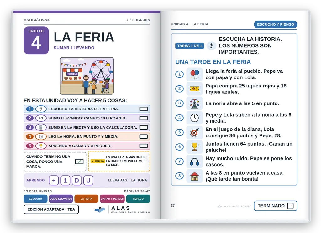 Matemáticas 2.º abierto. Unidad 4: portada con la agenda visual y primera página