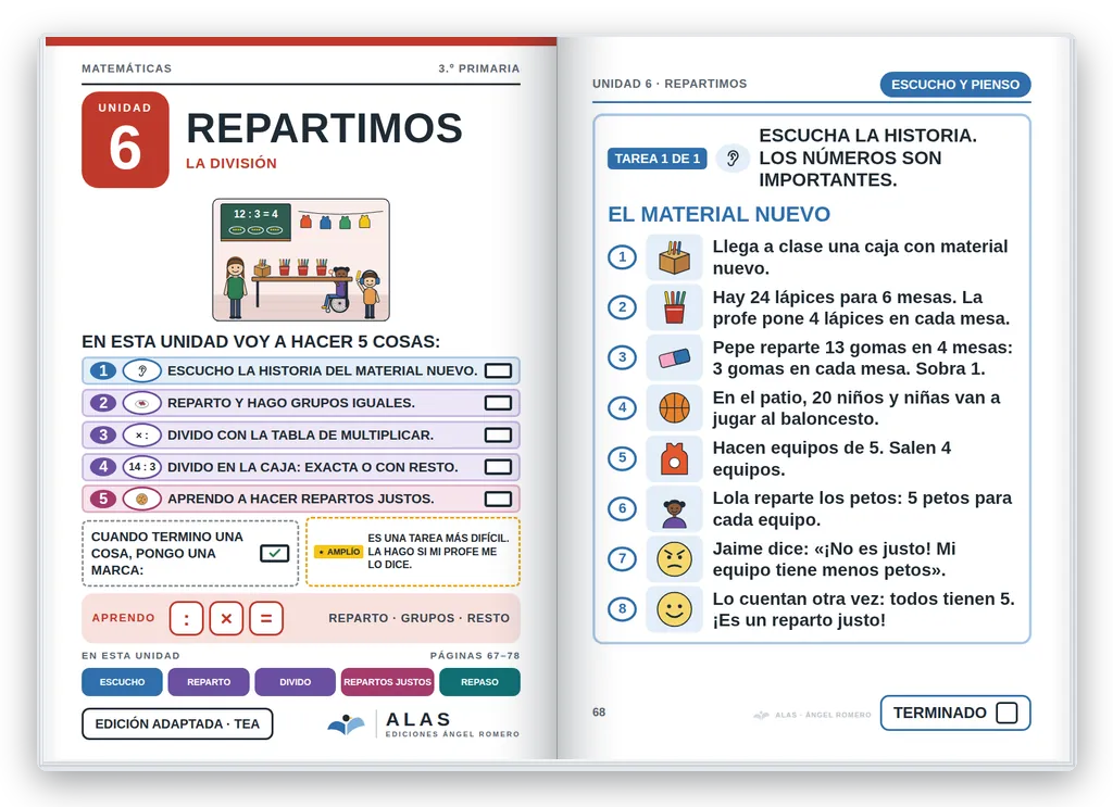 Matemáticas 3.º abierto. Unidad 6: portada con la agenda visual y primera página