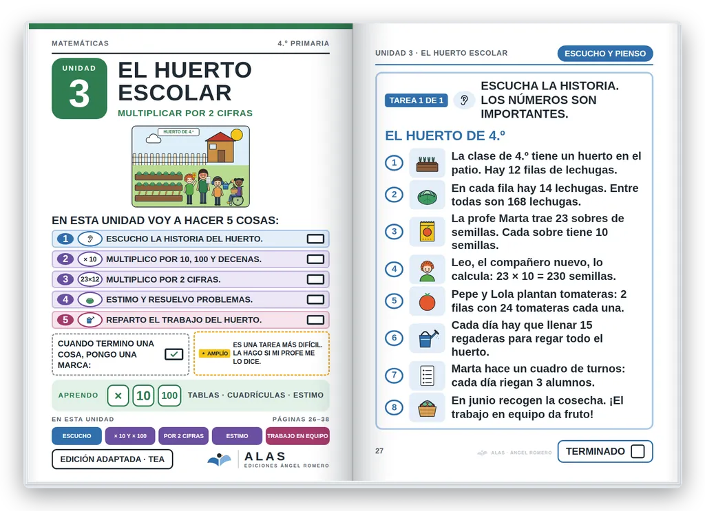 Matemáticas 4.º abierto. Unidad 3: portada con la agenda visual y primera página