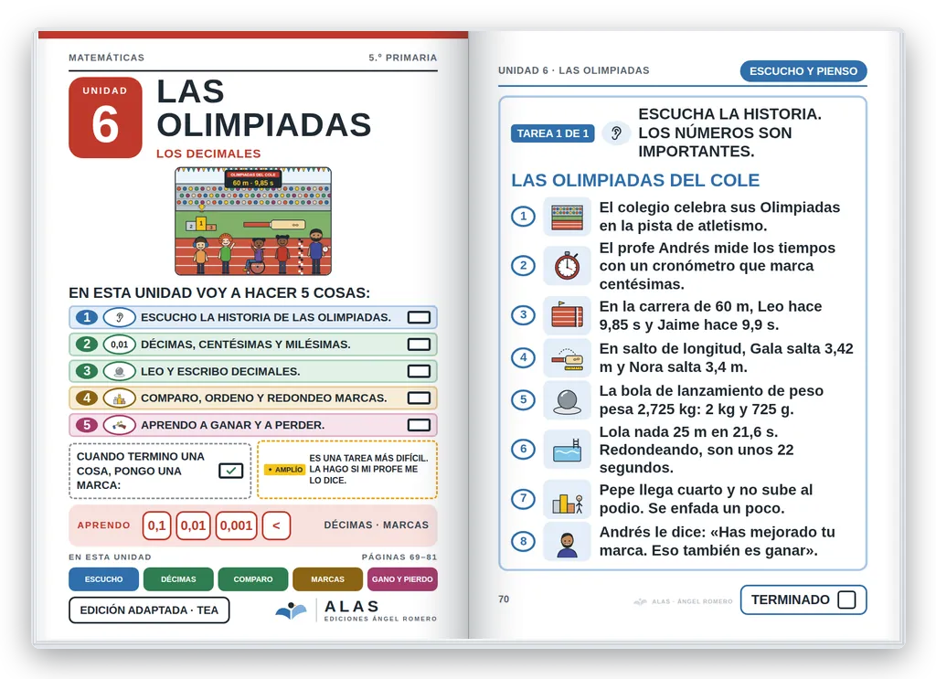 Matemáticas 5.º abierto. Unidad 6: portada con la agenda visual y primera página