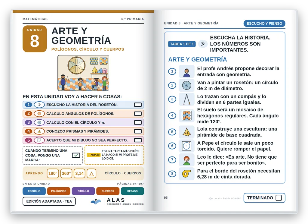 Matemáticas 6.º abierto. Unidad 8: portada con la agenda visual y primera página