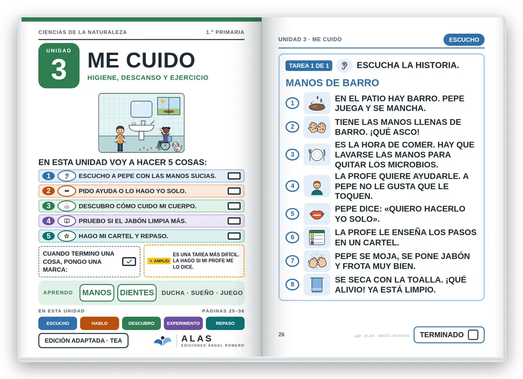 Ciencias de la Naturaleza 1.º abierto. Unidad 3: portada con la agenda visual y primera página