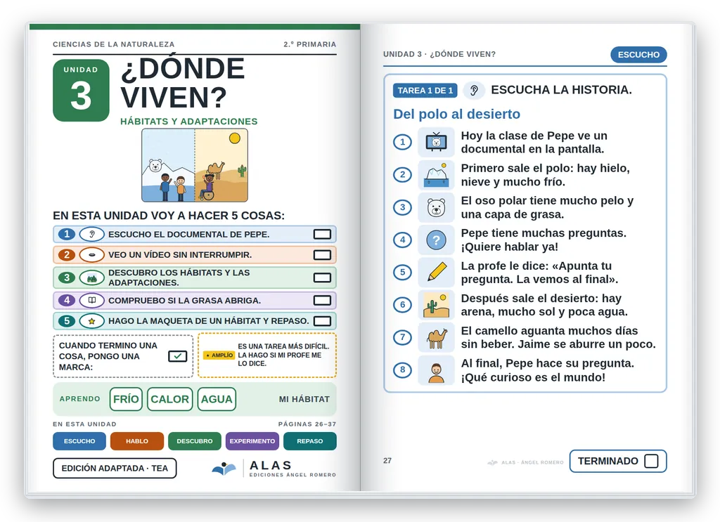 Ciencias de la Naturaleza 2.º abierto. Unidad 3: portada con la agenda visual y primera página