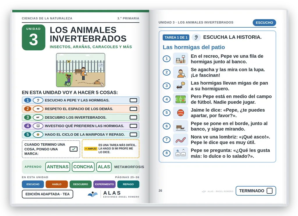 Ciencias de la Naturaleza 3.º abierto. Unidad 3: portada con la agenda visual y primera página