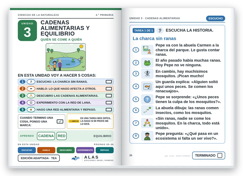 Ciencias de la Naturaleza 4.º abierto. Unidad 3: portada con la agenda visual y primera página