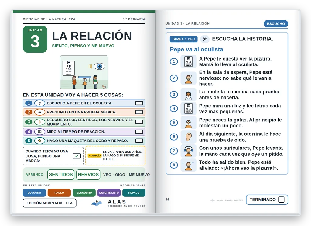Ciencias de la Naturaleza 5.º abierto. Unidad 3: portada con la agenda visual y primera página