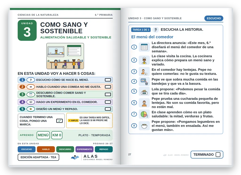 Ciencias de la Naturaleza 6.º abierto. Unidad 3: portada con la agenda visual y primera página
