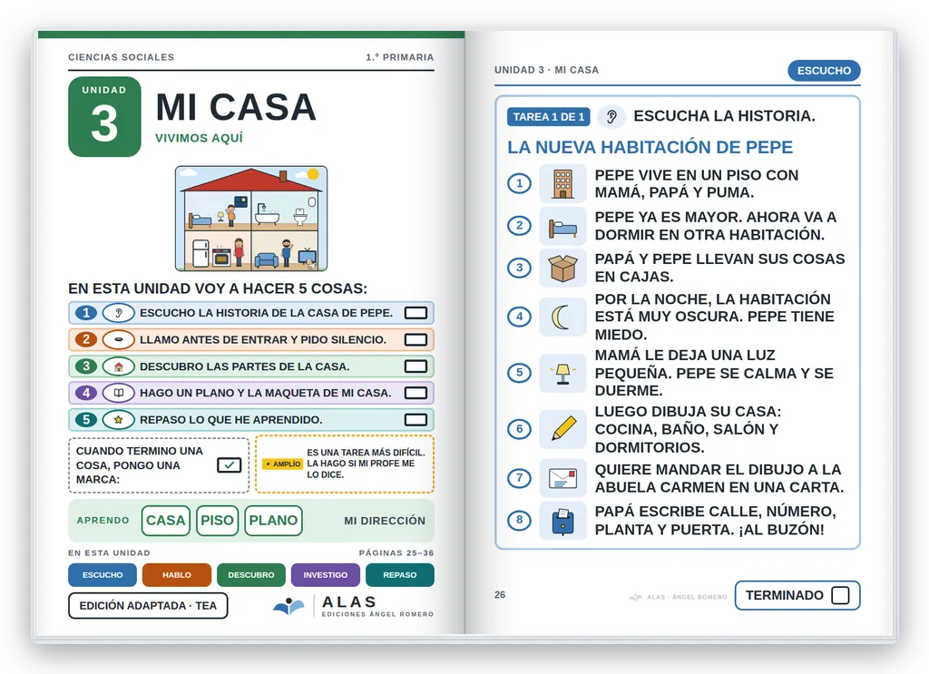 Ciencias Sociales 1.º abierto. Unidad 3: portada con la agenda visual y primera página