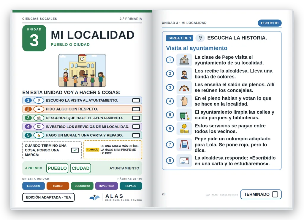 Ciencias Sociales 2.º abierto. Unidad 3: portada con la agenda visual y primera página