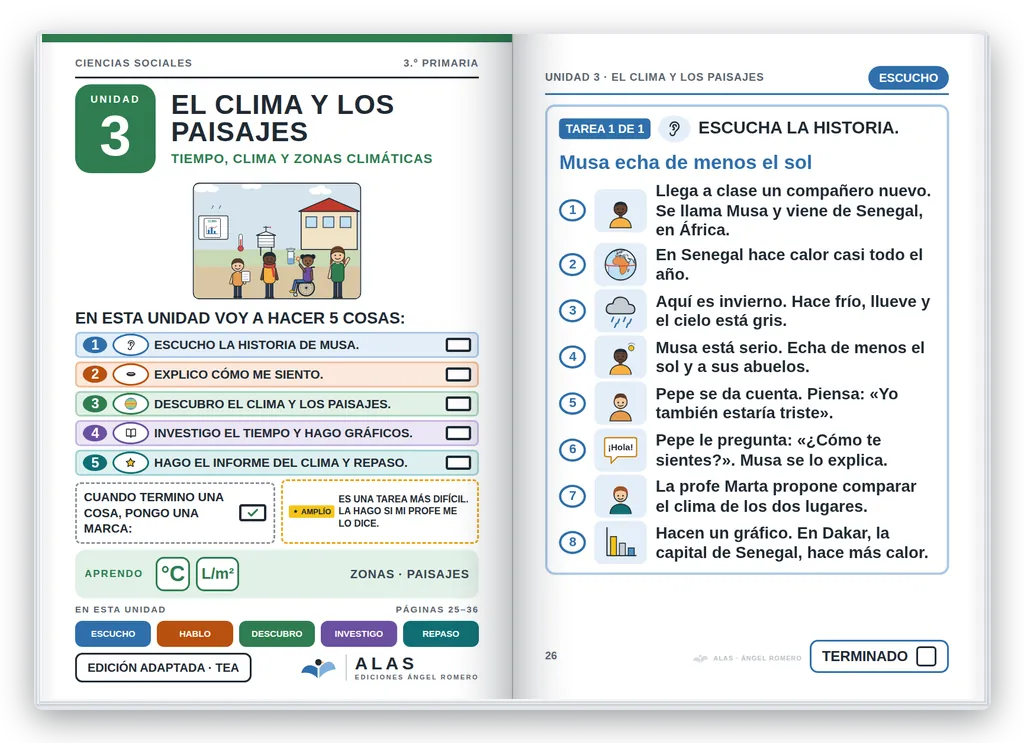 Ciencias Sociales 3.º abierto. Unidad 3: portada con la agenda visual y primera página