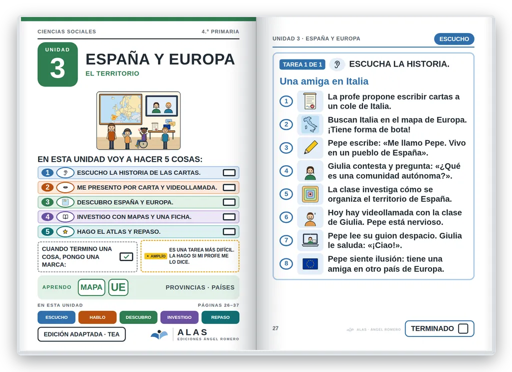 Ciencias Sociales 4.º abierto. Unidad 3: portada con la agenda visual y primera página