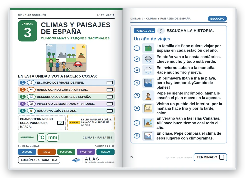 Ciencias Sociales 5.º abierto. Unidad 3: portada con la agenda visual y primera página