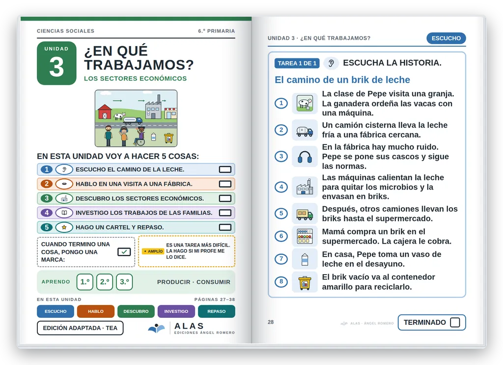 Ciencias Sociales 6.º abierto. Unidad 3: portada con la agenda visual y primera página